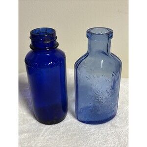 2 Vintage Milk Of Magnesia & Bromo Seltzer Emerson Drug Cobalt Blue Glass Bottle
